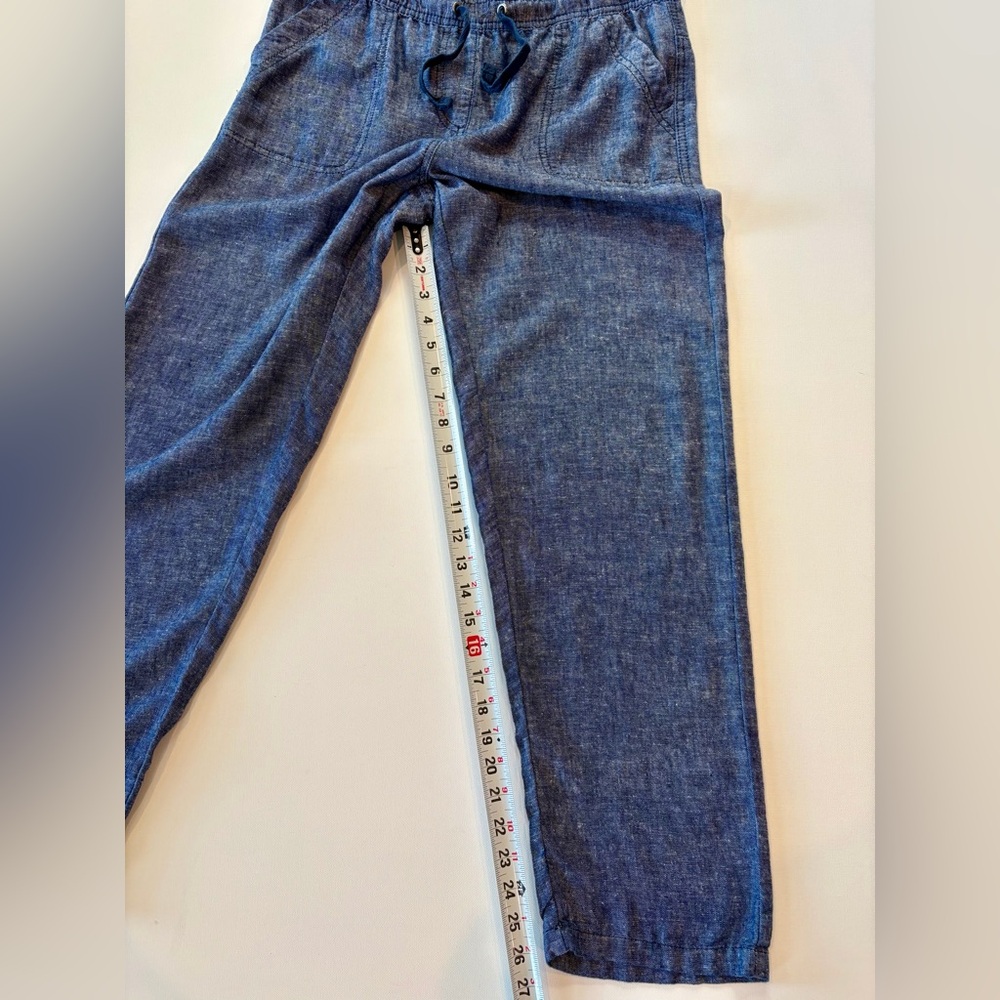 da-sh Linen Blend Boho Denim Blue Straight Leg Pants Small Drawstring Pockets - Picture 3 of 14